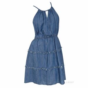 Spense Chambray Halter Dress Size 10 Tiered Frayed Trim Boho Denim Look Summer